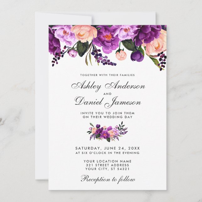 Ultra Violet Purple Floral Wedding Invitation (Front)