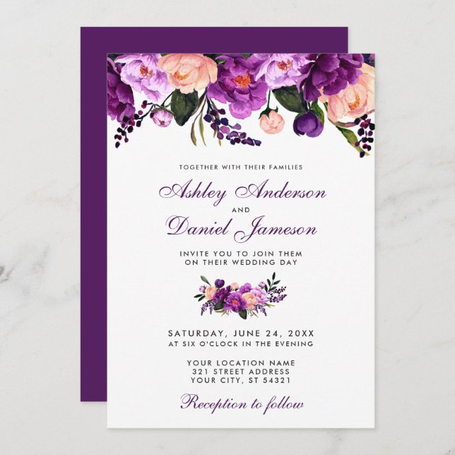 Ultra Violet Purple Floral Wedding Invitation PS (Front/Back)