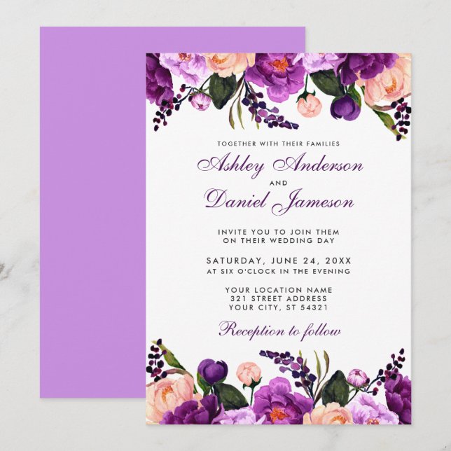 Ultra Violet Purple | Floral Wedding Invitation V (Front/Back)