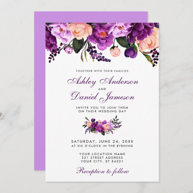 Ultra Violet Purple Floral Wedding Invitation VBP (Front/Back)