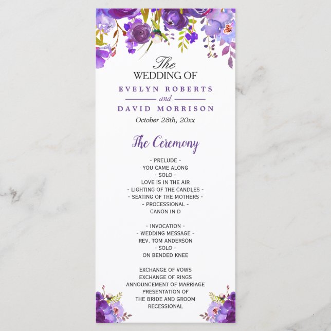 Ultra Violet Purple Floral Wedding Program Programme (Front)