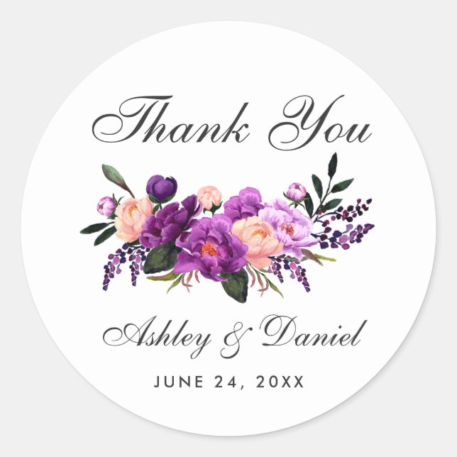 Ultra Violet Purple Floral Wedding Thank You L Classic Round Sticker (Front)
