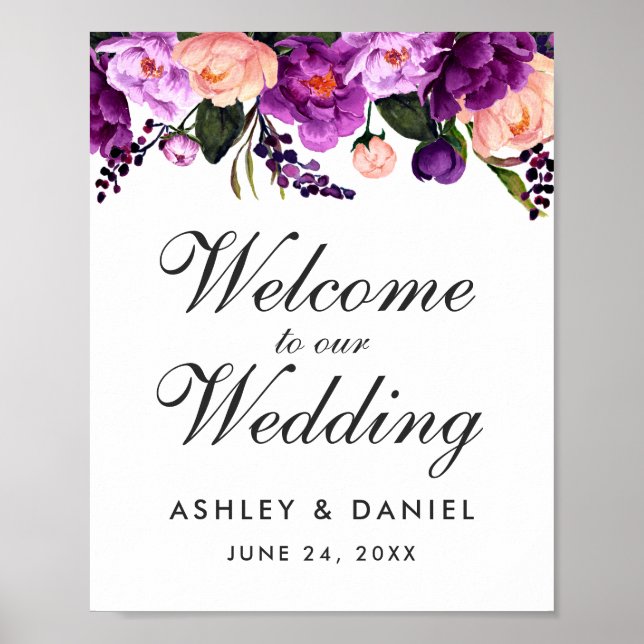 Ultra Violet Purple Floral Wedding Welcome Poster (Front)