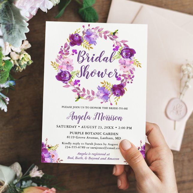 Ultra Violet Purple Floral Wreath Bridal Shower Invitation (Creator Uploaded)