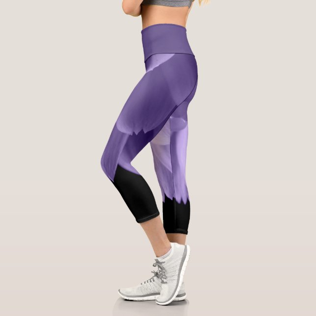 Ultra violet purple flower petals black capri leggings (Left)