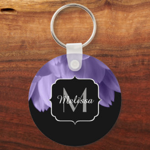 Ultra violet purple flower petals black Monogram Key Ring