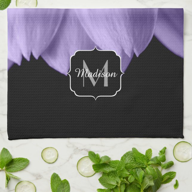 Ultra violet purple flower petals black Monogram Tea Towel (Folded)