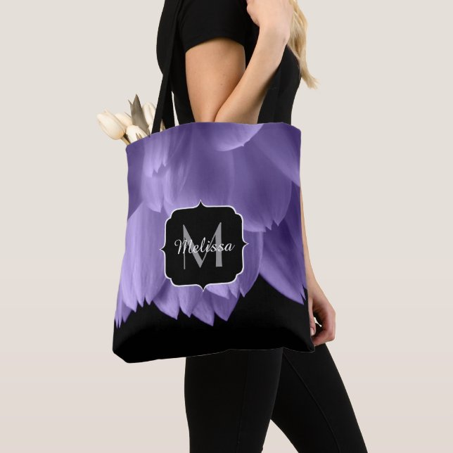 Ultra violet purple flower petals black tote bag (Close Up)