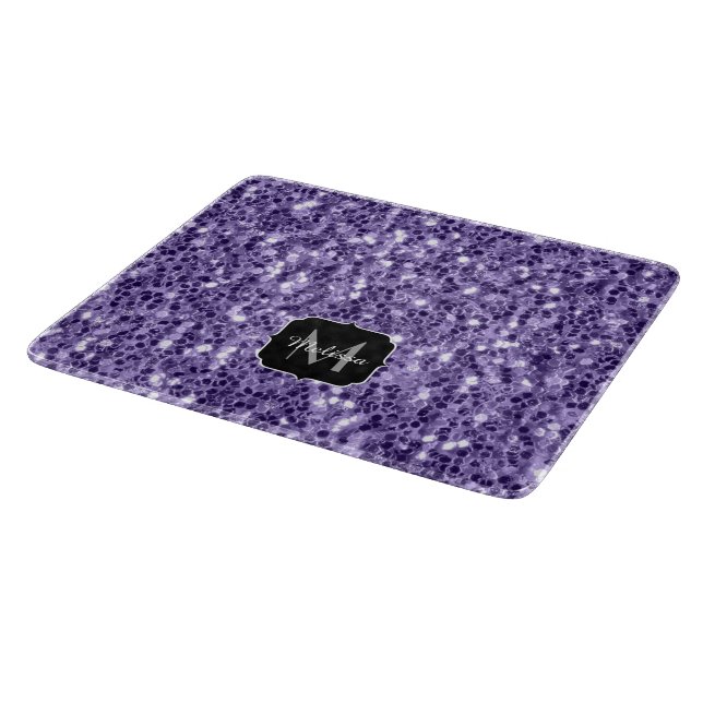 Ultra violet purple glitter sparkles Monogram Cutting Board (Corner)