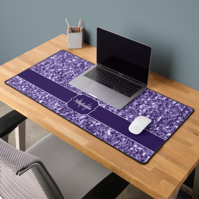 Ultra violet purple glitter sparkles Monogram Desk Mat (Office 2)