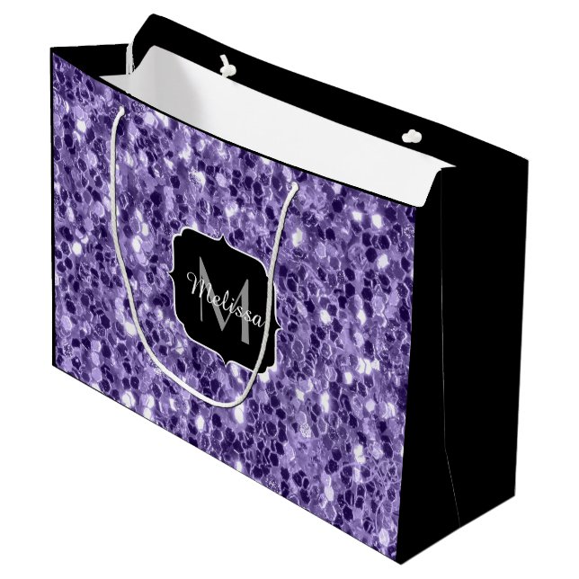 Ultra violet purple glitter sparkles Monogram Large Gift Bag (Front Angled)
