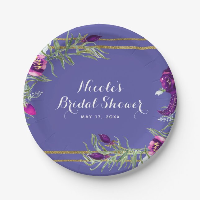 Ultra Violet Purple & Gold Floral Bohemian Chic Paper Plate (Front)