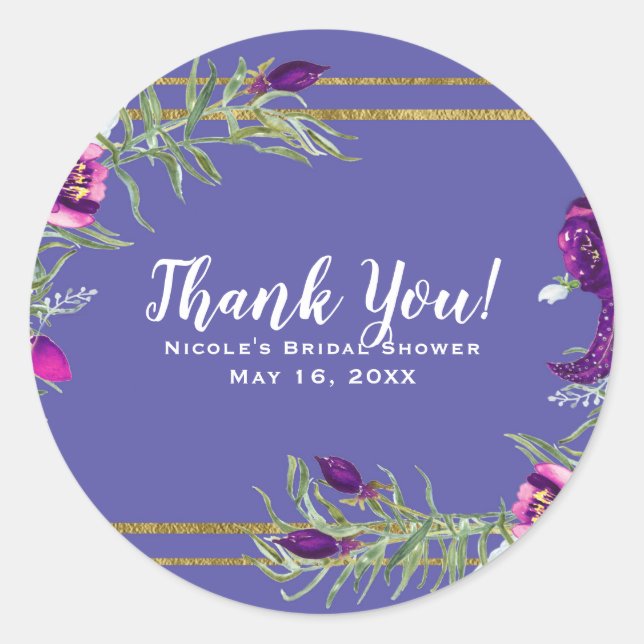Ultra Violet Purple & Gold Floral Bohemian Favour Classic Round Sticker (Front)