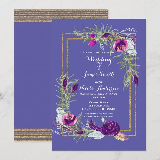 Ultra Violet Purple & Gold Floral Bohemian Wedding Invitation (Front/Back)