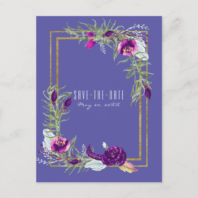 Ultra Violet Purple & Gold Floral Save the Date Announcement Postcard (Front)