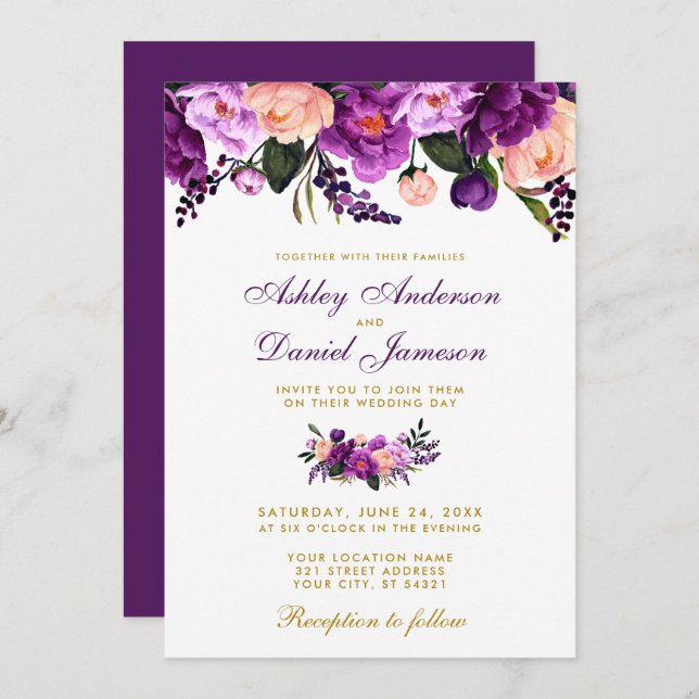 Ultra Violet Purple Gold Wedding Invitation PB (Front/Back)