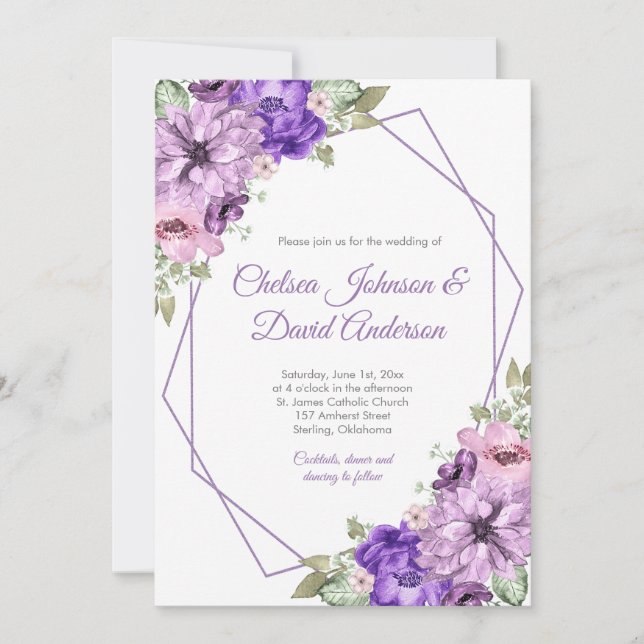Ultra Violet Purple Pink Floral Geometric Wedding Announcement (Front)