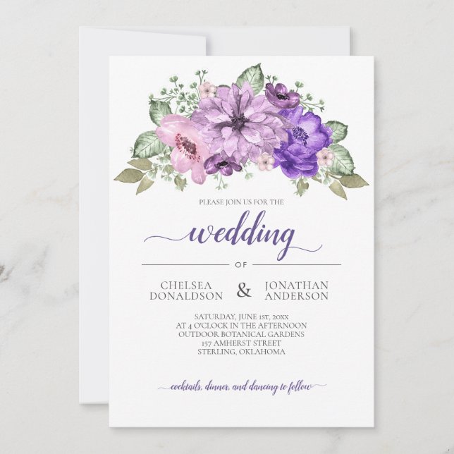 Ultra Violet Purple Pink Greenery Floral Wedding Announcement (Front)