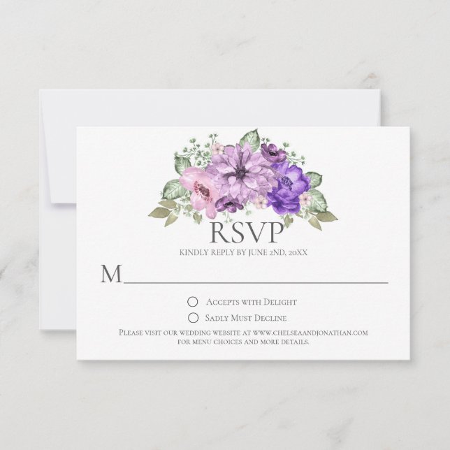 Ultra Violet Purple Pink Watercolor Flowers RSVP Card (Front)