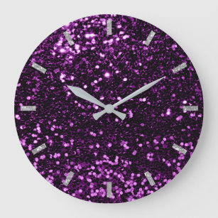 Ultra Violet Purple Sparkly Faux Glitter Grey Glam Large Clock