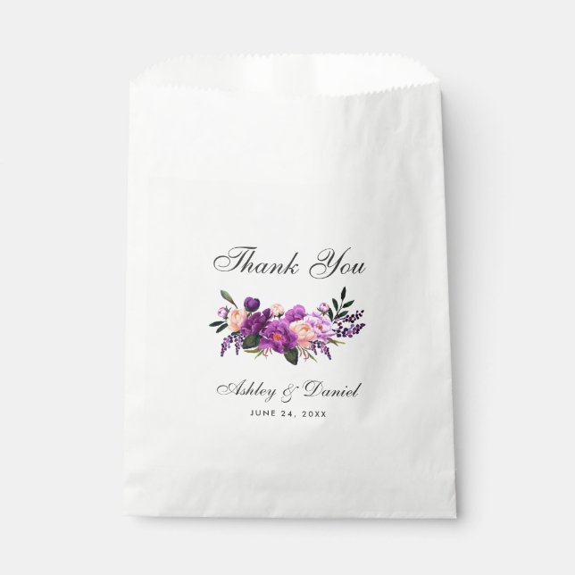 Ultra Violet Purple Watercolor Floral Wedding Favour Bags (Front)