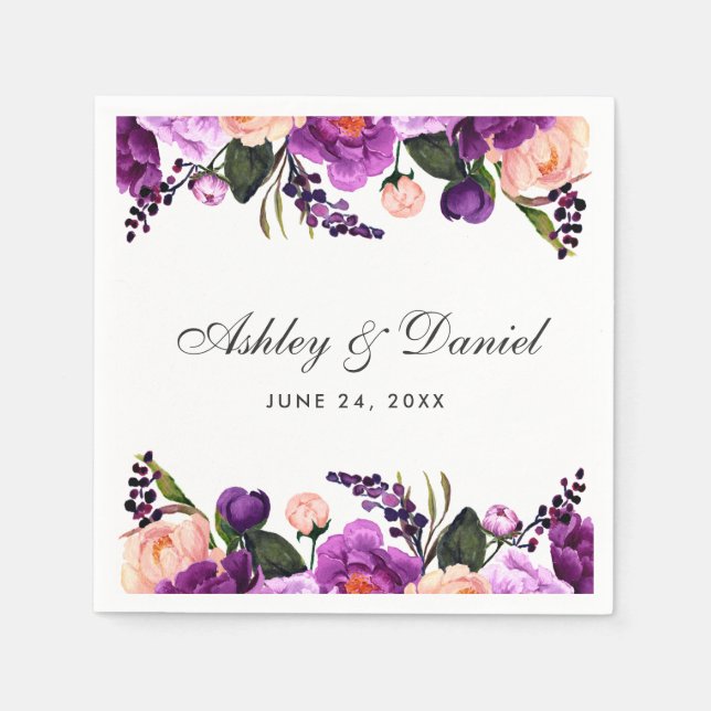 Ultra Violet Purple Watercolor Floral Wedding G Napkin (Front)