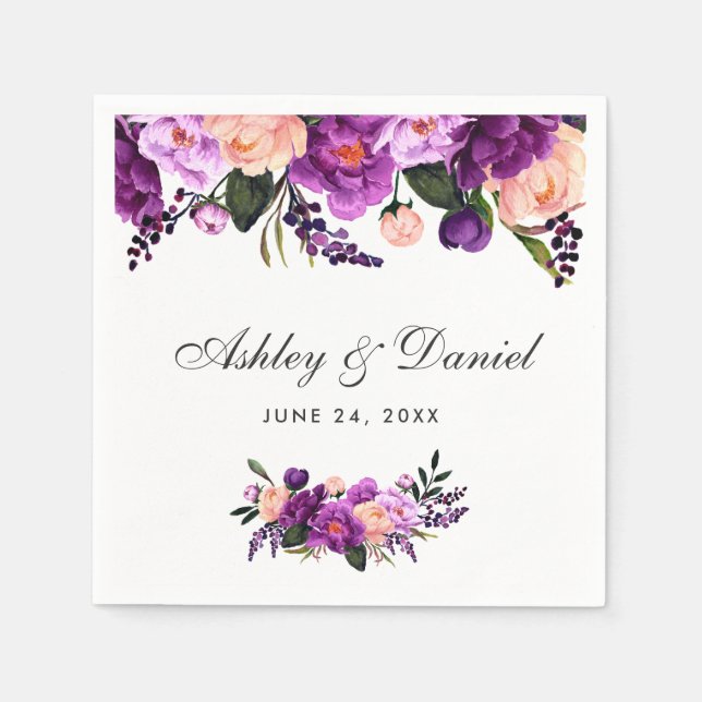 Ultra Violet Purple Watercolor Floral Wedding Napkin (Front)