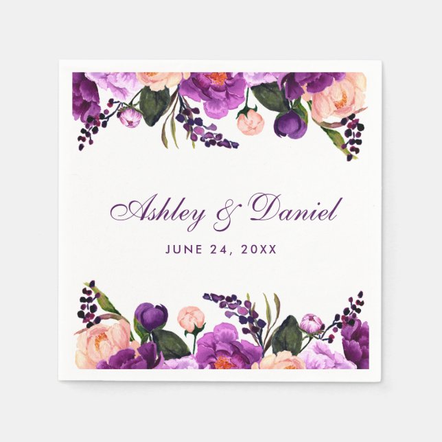 Ultra Violet Purple Watercolor Floral Wedding P Napkin (Front)