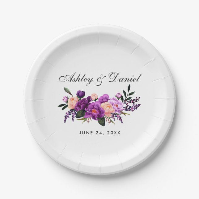 Ultra Violet Purple Watercolor Floral Wedding Paper Plate (Front)