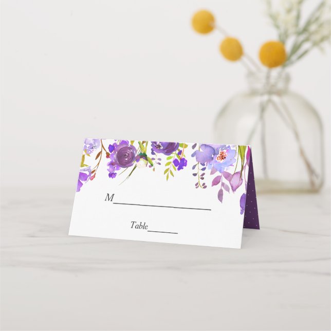 Ultra Violet Purple Watercolor Floral Wedding Place Card (Front)