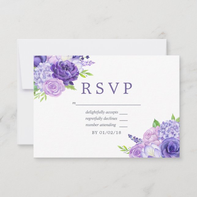 Ultra Violet themed Floral Wedding RSVP Card (Front)