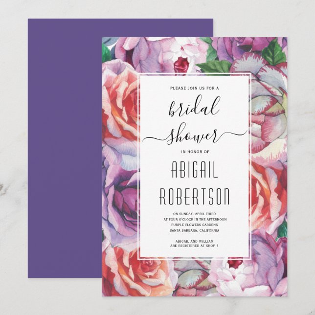 Ultra violet vintage rose wedding bridal shower invitation (Front/Back)