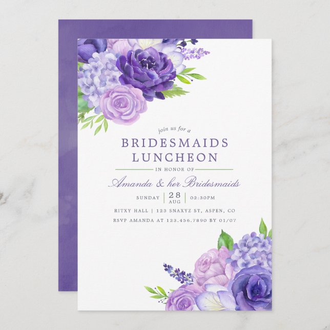 Ultra Violet Watercolor Bridesmaids Luncheon Invitation (Front/Back)