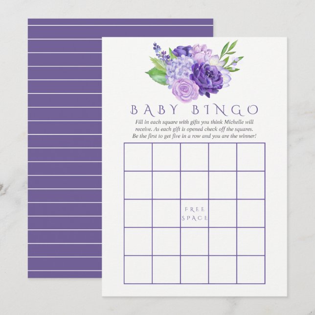 Ultra Violet Watercolor Floral Baby Shower Bingo Invitation (Front/Back)