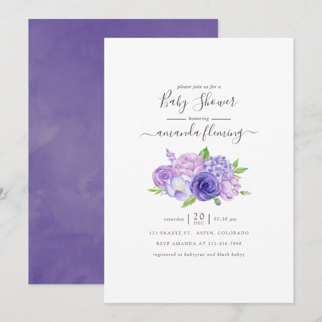 Ultra Violet Watercolor Floral Baby Shower Invitation (Front/Back)