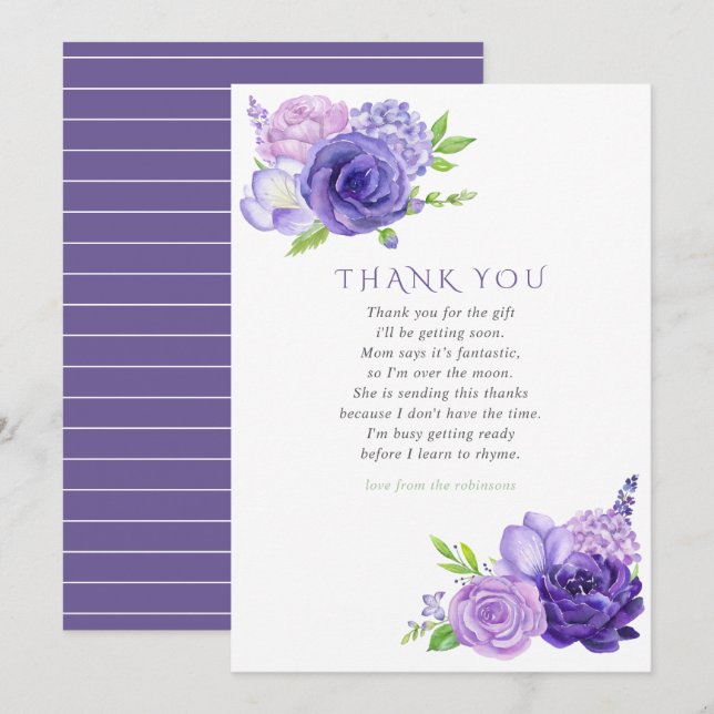 Ultra Violet Watercolor Floral Baby Shower Thanks Invitation (Front/Back)
