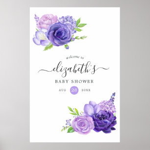 Ultra Violet Watercolor Floral Baby Shower Welcome Poster