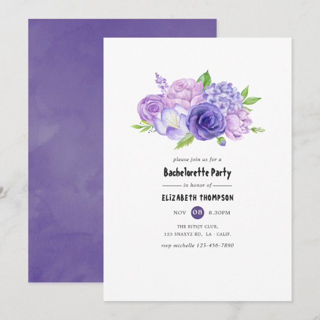Ultra Violet Watercolor Floral Bachelorette Party Invitation (Front/Back)