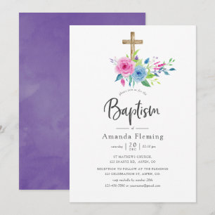 Ultra Violet Watercolor Floral Baptism Invitation