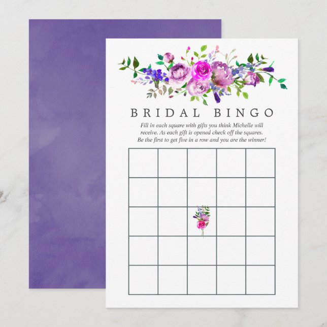 Ultra Violet Watercolor Floral Bridal Shower Bingo Invitation (Front/Back)