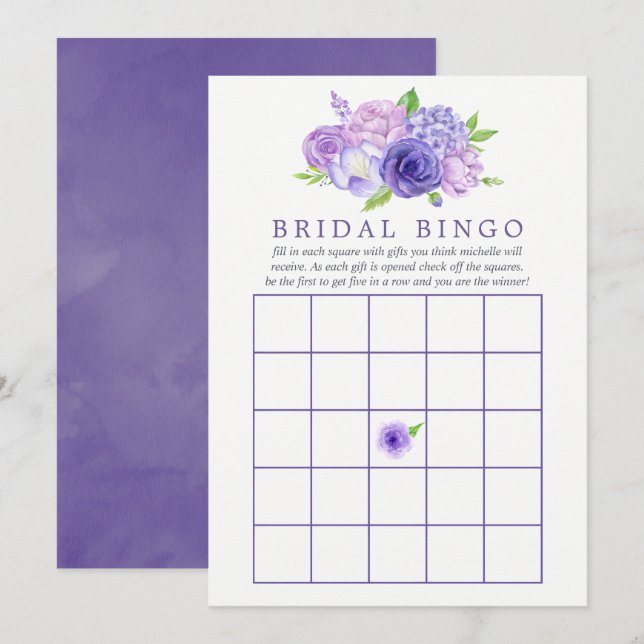 Ultra Violet Watercolor Floral Bridal Shower Bingo Invitation (Front/Back)
