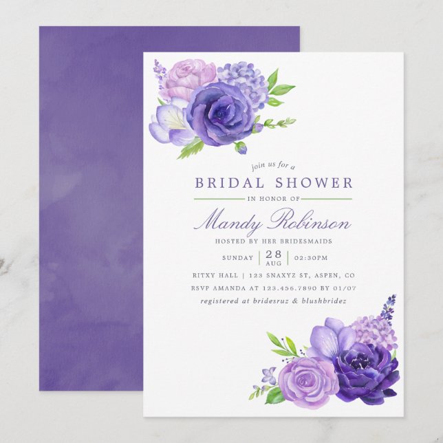 Ultra Violet Watercolor Floral Bridal Shower Invitation (Front/Back)