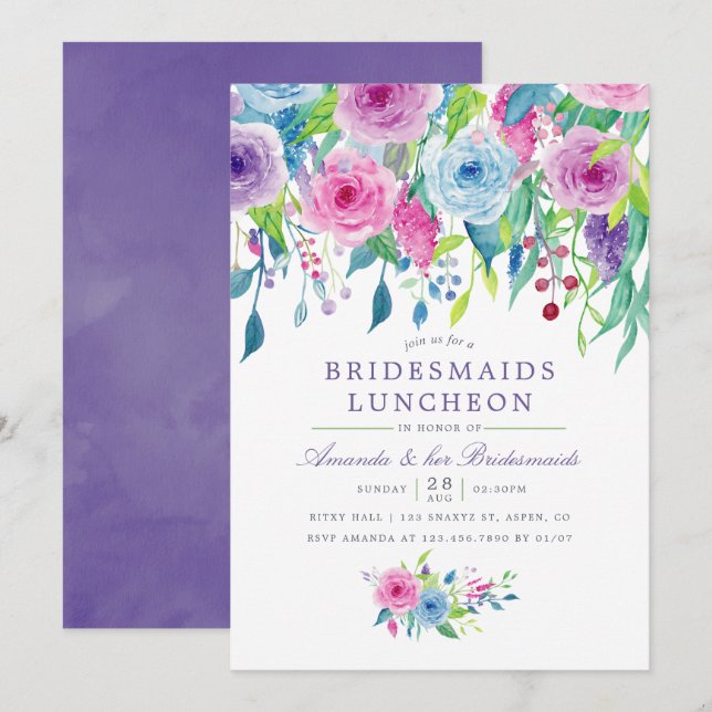 Ultra Violet Watercolor Floral Bridesmaid Luncheon Invitation (Front/Back)