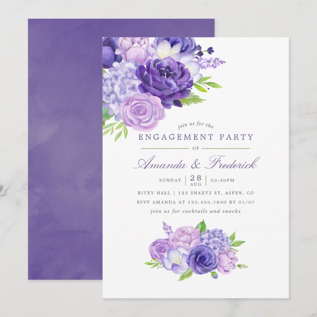 Ultra Violet Watercolor Floral Engagement Party Invitation (Front/Back)