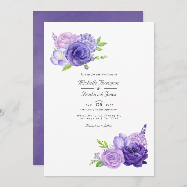 Ultra Violet Watercolor Floral QR Code Wedding Invitation (Front/Back)