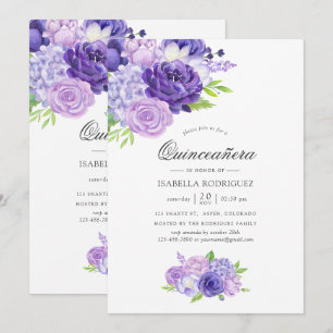 Ultra Violet Watercolor Floral Quinceañera Invitat Invitation