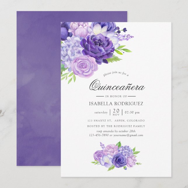 Ultra Violet Watercolor Floral Quinceañera Invitation (Front/Back)