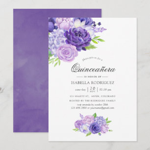 Ultra Violet Watercolor Floral Quinceañera Invitation