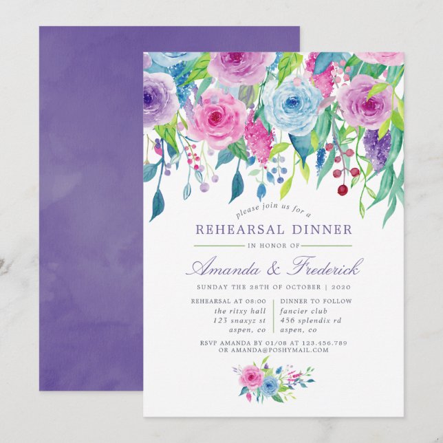 Ultra Violet Watercolor Floral Rehearsal Dinner Invitation (Front/Back)
