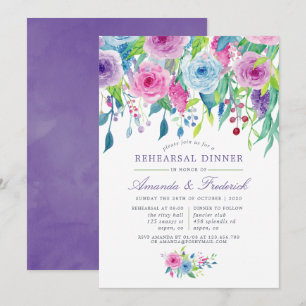 Ultra Violet Watercolor Floral Rehearsal Dinner Invitation